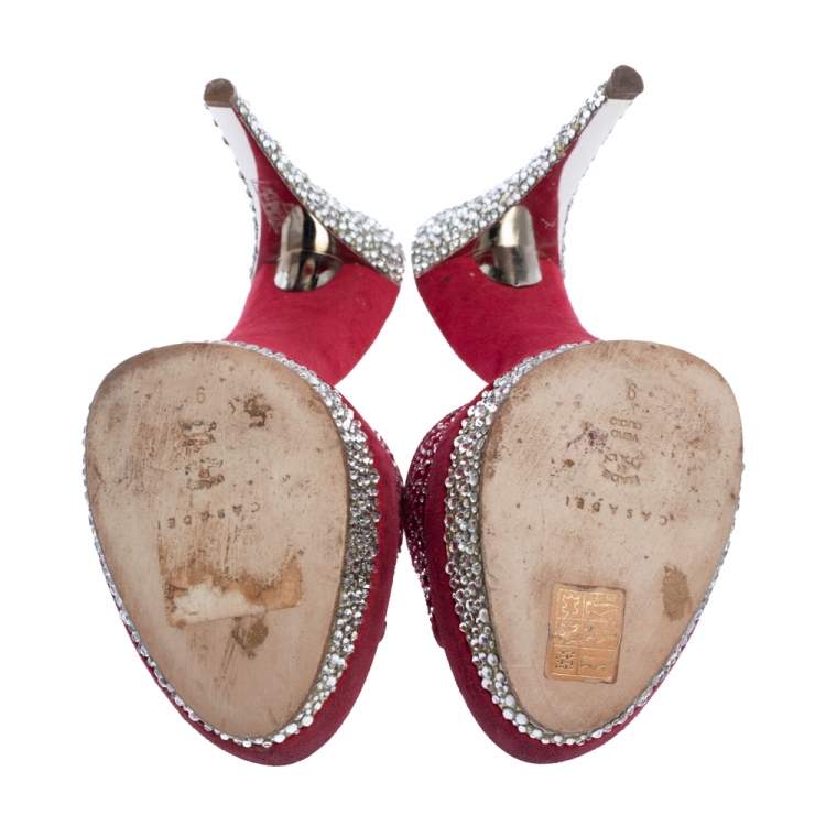 Pre Owned Casadei Red Suede Crystal Embellished Open Toe Platform Slide Sandals Size 39