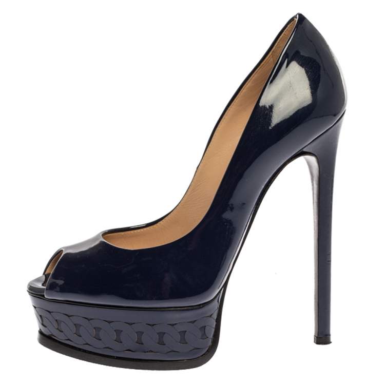 Pre Owned Casadei Blue Patent Leather Platform Peep Toe Pumps Size 36