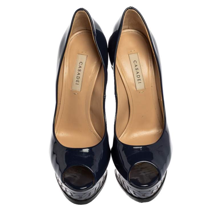 Pre Owned Casadei Blue Patent Leather Platform Peep Toe Pumps Size 36