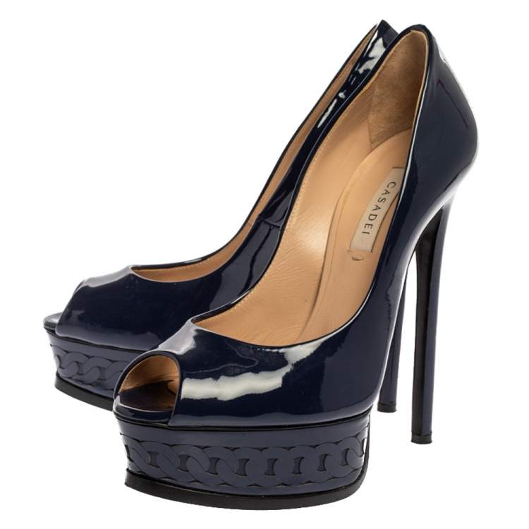 Pre Owned Casadei Blue Patent Leather Platform Peep Toe Pumps Size 36