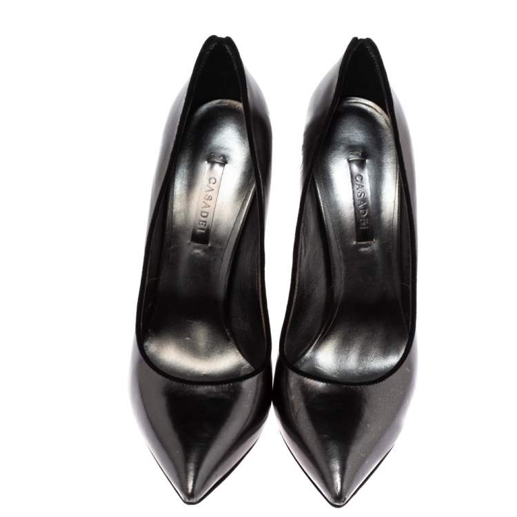 Pre Owned Casadei Grey Leather Pointed Toe Pumps Size 38.5 