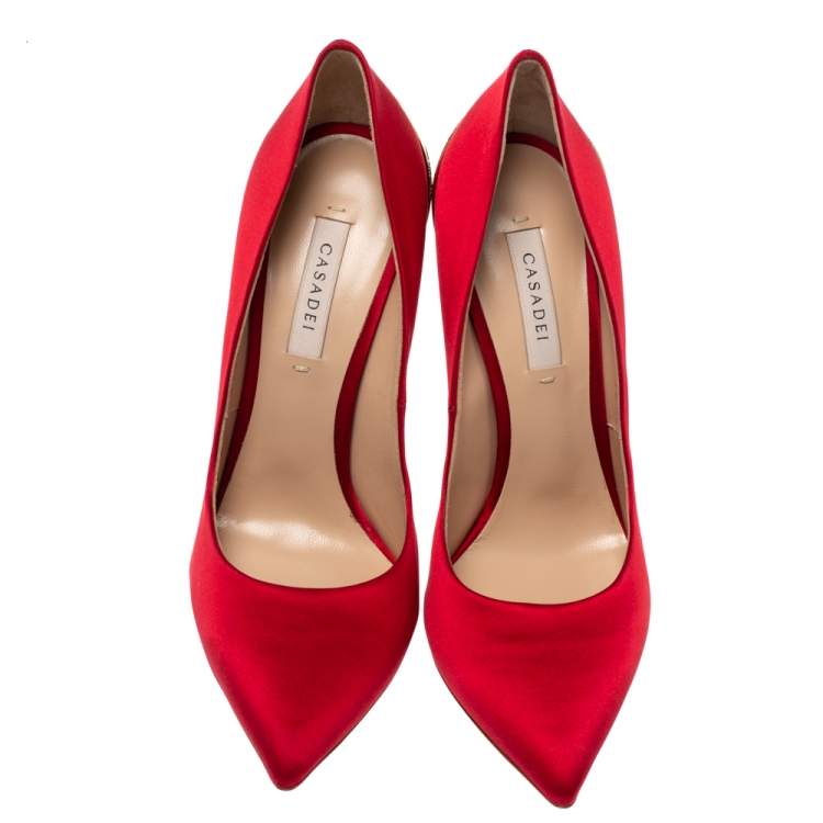 Pre Owned Casadei Red Satin Blade Pointed Toe Pumps Size 37
