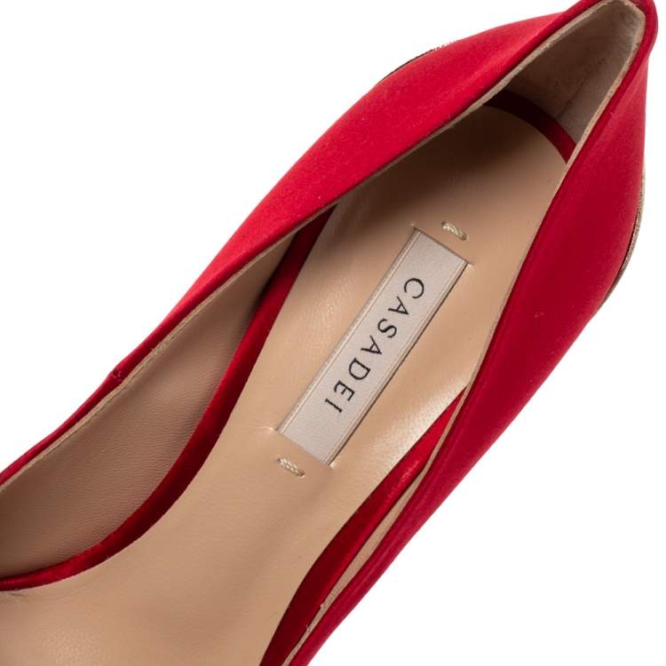 Pre Owned Casadei Red Satin Blade Pointed Toe Pumps Size 37