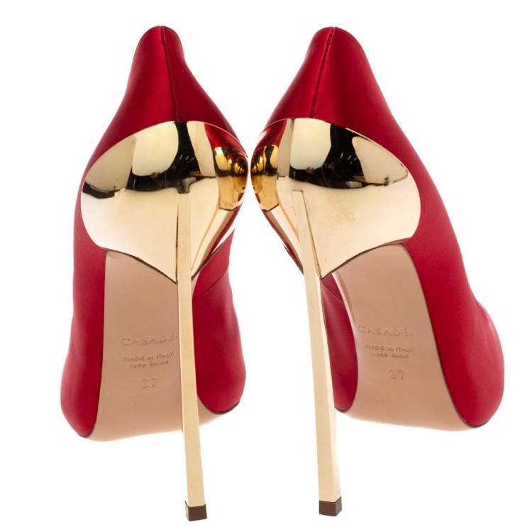Pre Owned Casadei Red Satin Blade Pointed Toe Pumps Size 37