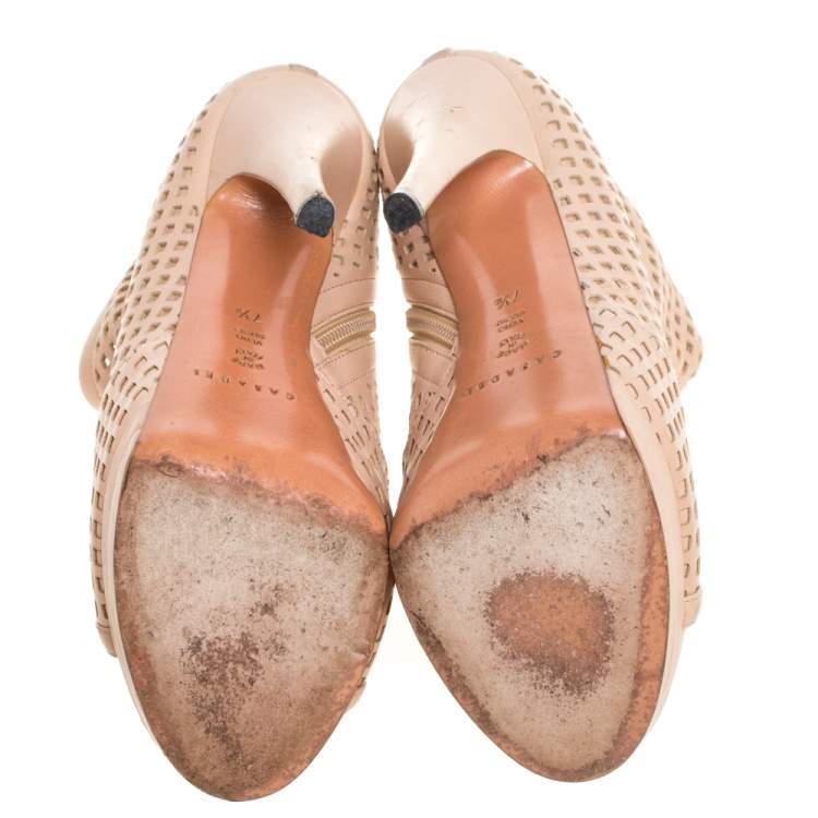Pre Owned Casadei Beige Leather Laser Cut Platform Open Toe Booties Size 37.5