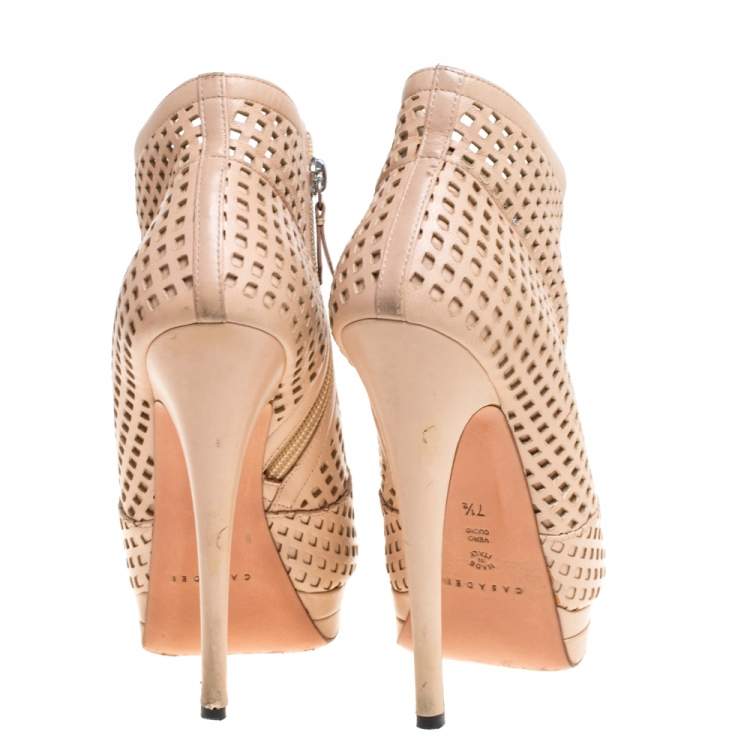 Pre Owned Casadei Beige Leather Laser Cut Platform Open Toe Booties Size 37.5