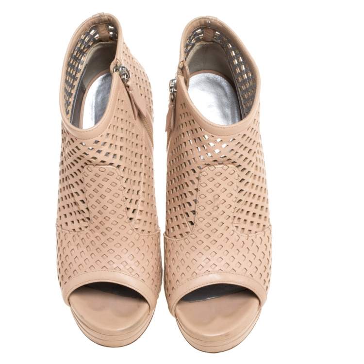 Pre Owned Casadei Beige Leather Laser Cut Platform Open Toe Booties Size 37.5