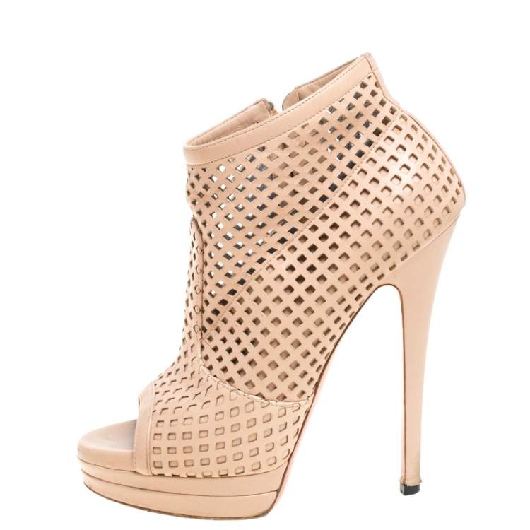 Pre Owned Casadei Beige Leather Laser Cut Platform Open Toe Booties Size 37.5