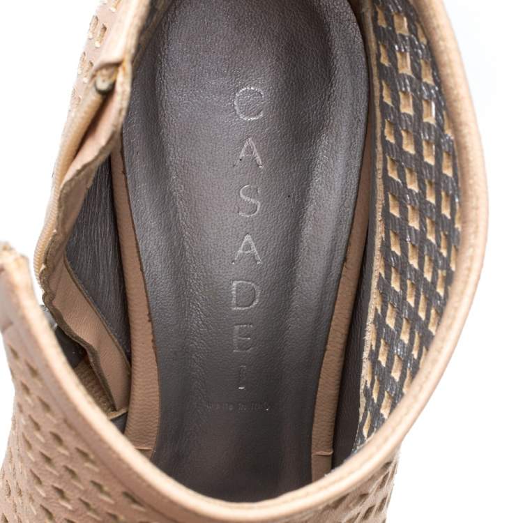 Pre Owned Casadei Beige Leather Laser Cut Platform Open Toe Booties Size 37.5