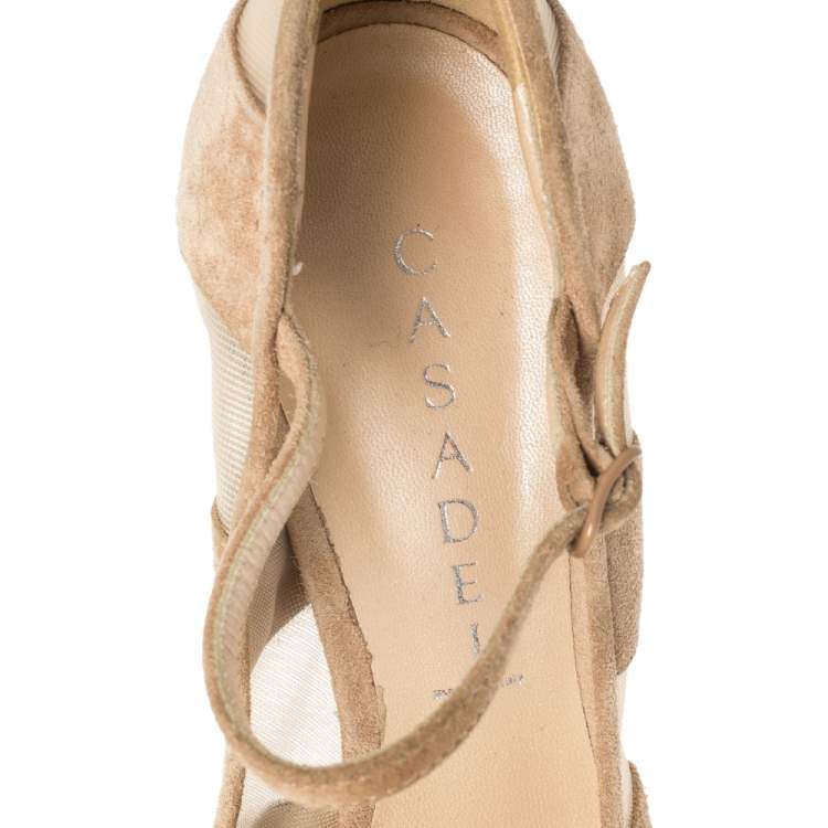 Pre Owned Casadei Beige Suede and Mesh Platform Pumps Size 37.5