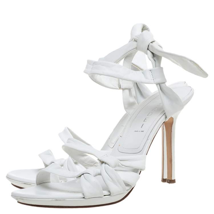 Pre Owned Casadei White Leather Ankle Tie  Open Toe Slingback Sandals Size 39