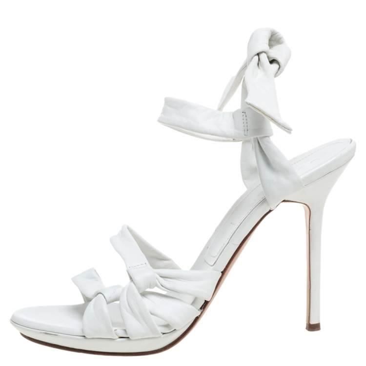 Pre Owned Casadei White Leather Ankle Tie  Open Toe Slingback Sandals Size 39