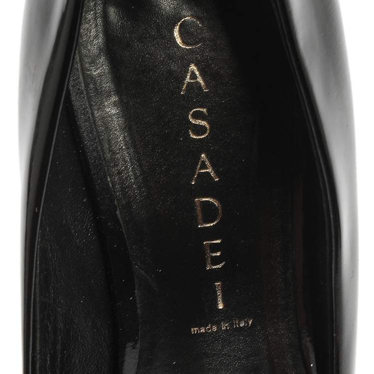 Pre Owned Casadei Black Patent Leather Chain Embellished Block Heel Pumps Size 37