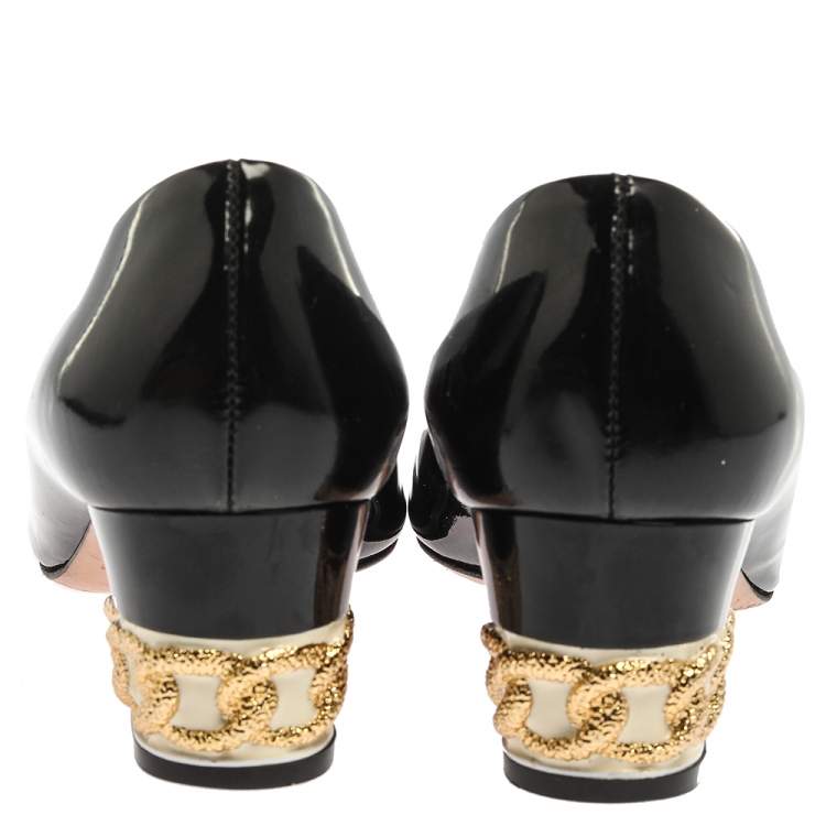 Pre Owned Casadei Black Patent Leather Chain Embellished Block Heel Pumps Size 37