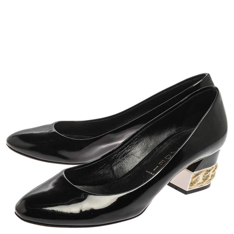 Pre Owned Casadei Black Patent Leather Chain Embellished Block Heel Pumps Size 37