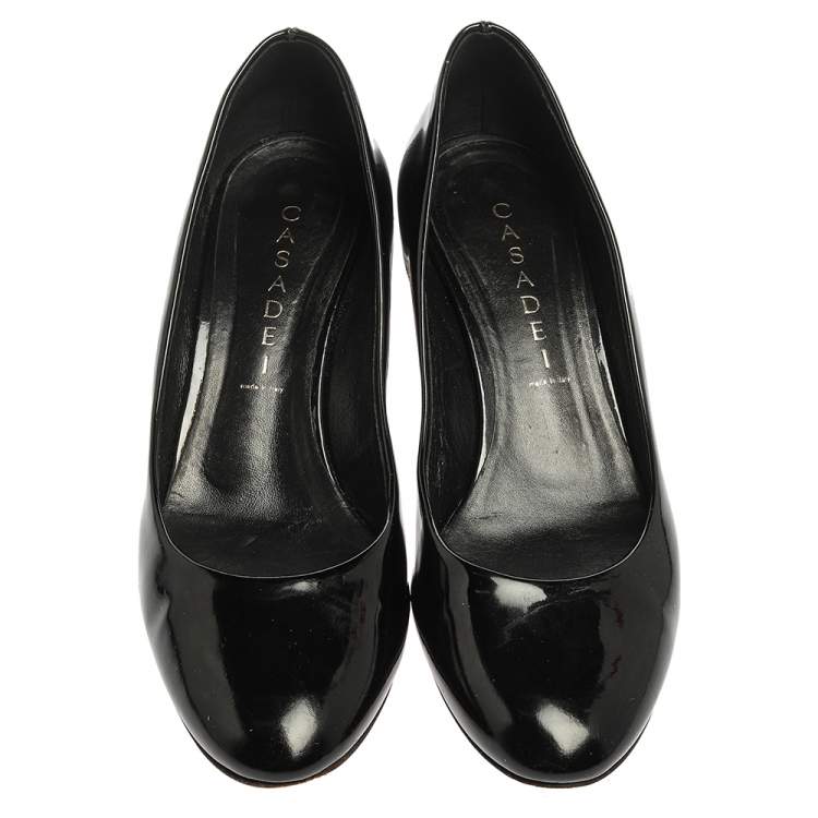 Pre Owned Casadei Black Patent Leather Chain Embellished Block Heel Pumps Size 37