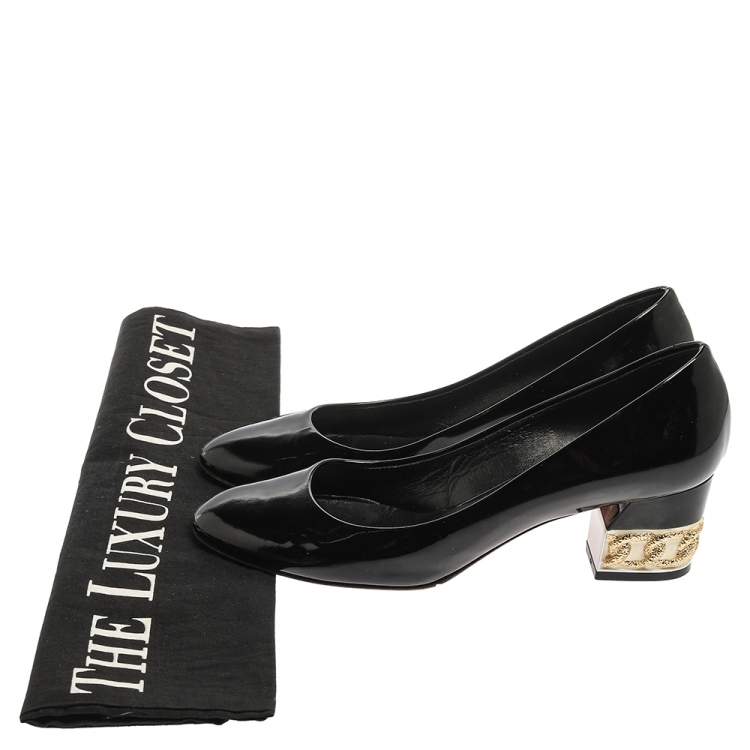 Pre Owned Casadei Black Patent Leather Chain Embellished Block Heel Pumps Size 37