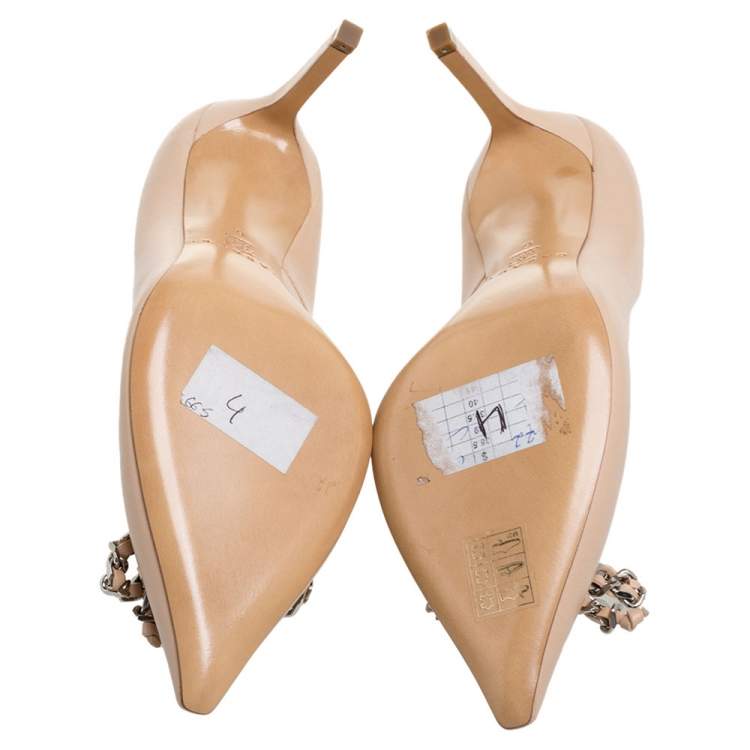 Pre Owned Casadei Beige Leather Chain Bow Pointed Toe Pumps Size 36