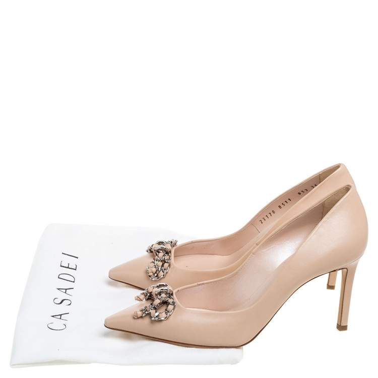 Pre Owned Casadei Beige Leather Chain Bow Pointed Toe Pumps Size 36