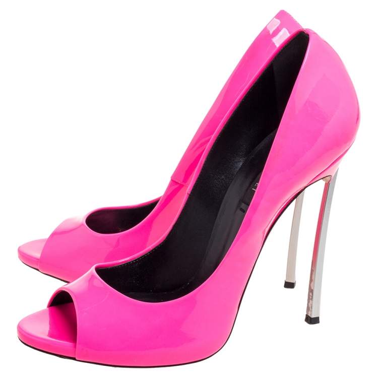Pre Owned Casadei Neon Pink Patent Leather Peep Toe Pumps Size 40