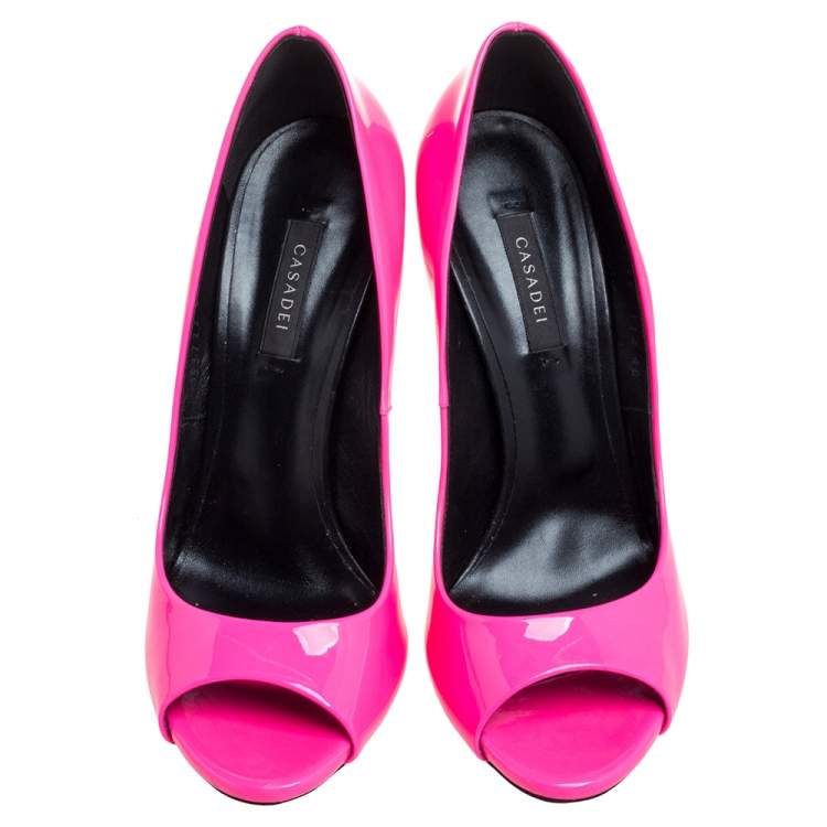 Pre Owned Casadei Neon Pink Patent Leather Peep Toe Pumps Size 40