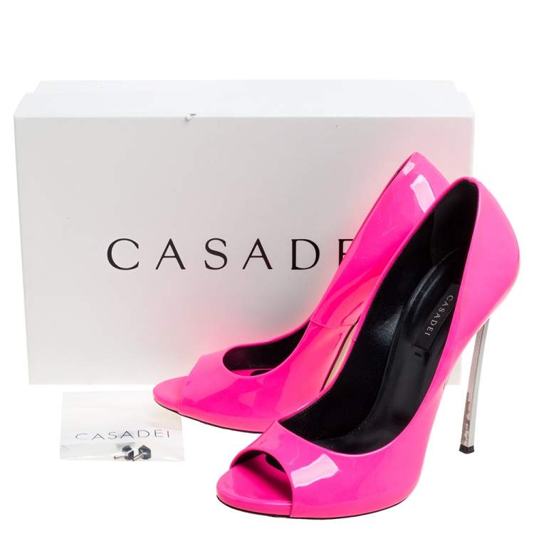 Pre Owned Casadei Neon Pink Patent Leather Peep Toe Pumps Size 40