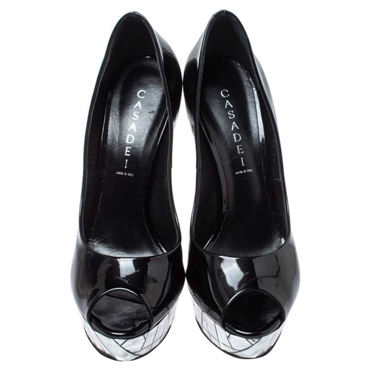 Pre Owned Casadei Black Patent Leather Mosaic Mirror Heel Peep Toe Platform Pumps Size 40