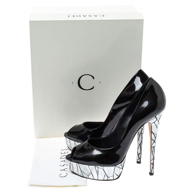 Pre Owned Casadei Black Patent Leather Mosaic Mirror Heel Peep Toe Platform Pumps Size 40