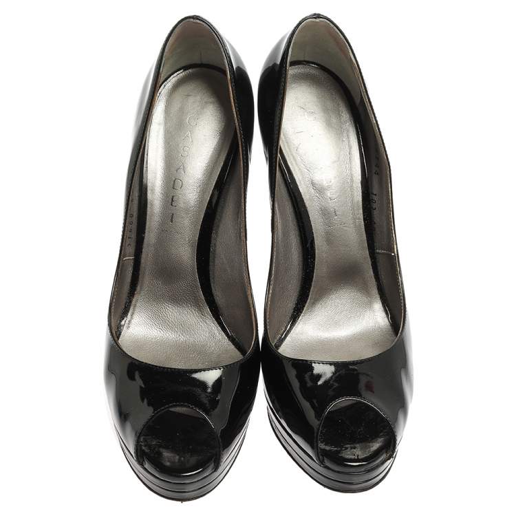 Pre Owned Casadei Black Patent Leather Platform Peep Toe Pumps Size 40