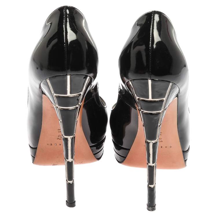 Pre Owned Casadei Black Patent Leather Platform Peep Toe Pumps Size 40