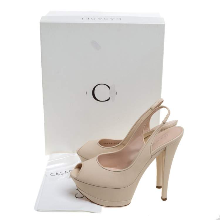 Pre Owned Casadei Cream Leather Platform Slingback Peep Toe Sandals Size 38