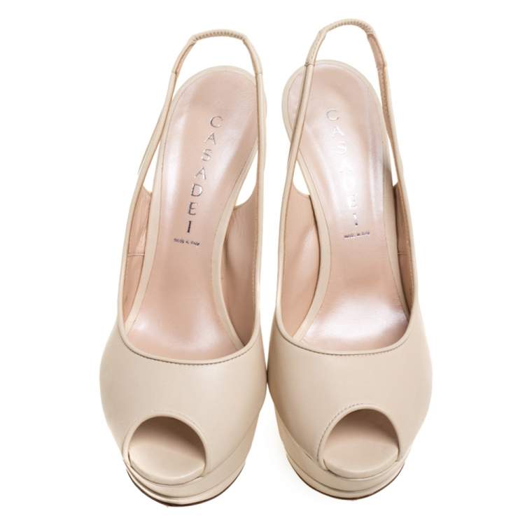 Pre Owned Casadei Cream Leather Platform Slingback Peep Toe Sandals Size 38
