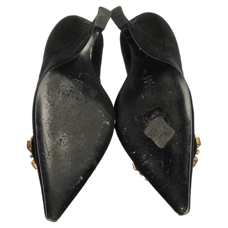 مملوكة مسبقًا Casadei Black Suede Crystal Embellished Pointed Toe Wedge Pumps Size 36