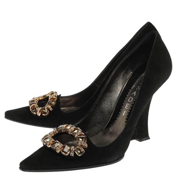 مملوكة مسبقًا Casadei Black Suede Crystal Embellished Pointed Toe Wedge Pumps Size 36