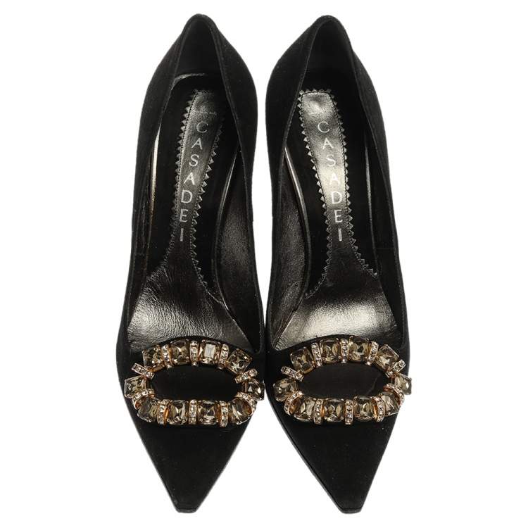 مملوكة مسبقًا Casadei Black Suede Crystal Embellished Pointed Toe Wedge Pumps Size 36