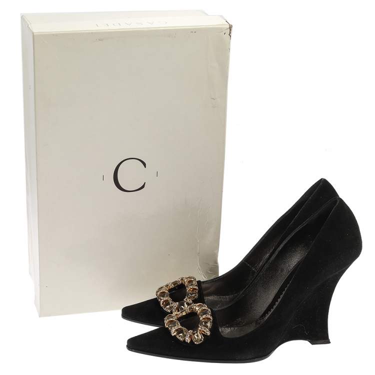 مملوكة مسبقًا Casadei Black Suede Crystal Embellished Pointed Toe Wedge Pumps Size 36