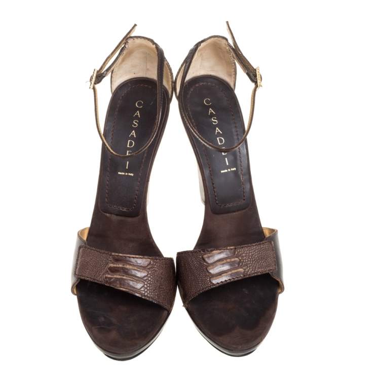 Pre Owned Casadei Brown Leather and Ostrich Leg Ankle Strap Platform Sandals Size 40