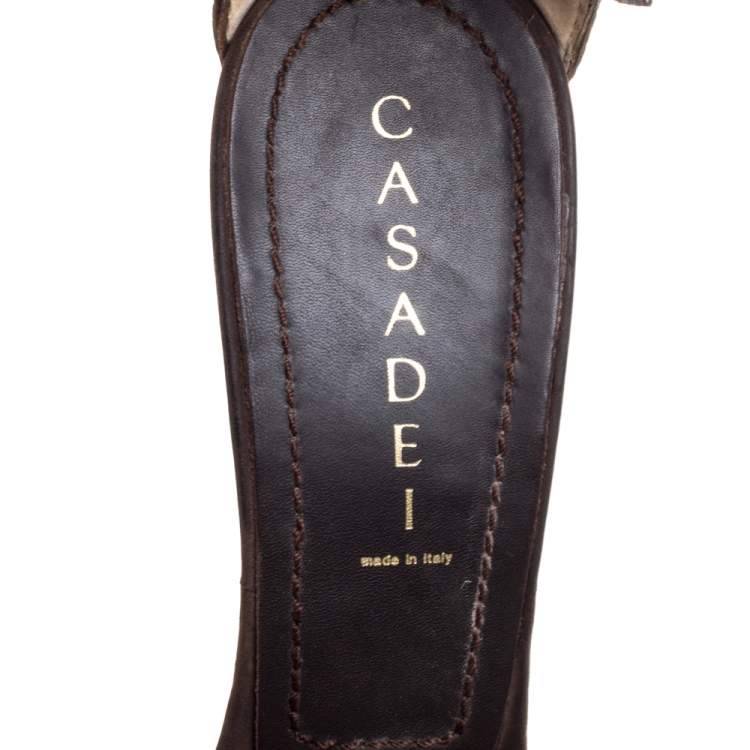 Pre Owned Casadei Brown Leather and Ostrich Leg Ankle Strap Platform Sandals Size 40