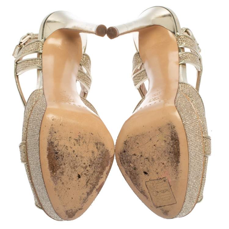 Pre Owned Casadei Metallic Golden Gliiter Fabric Taglia T-Strap Peep Toe Platform Sandals Size 36