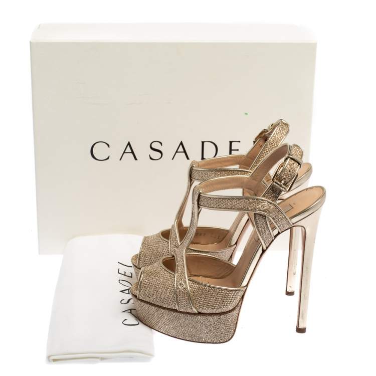Pre Owned Casadei Metallic Golden Gliiter Fabric Taglia T-Strap Peep Toe Platform Sandals Size 36