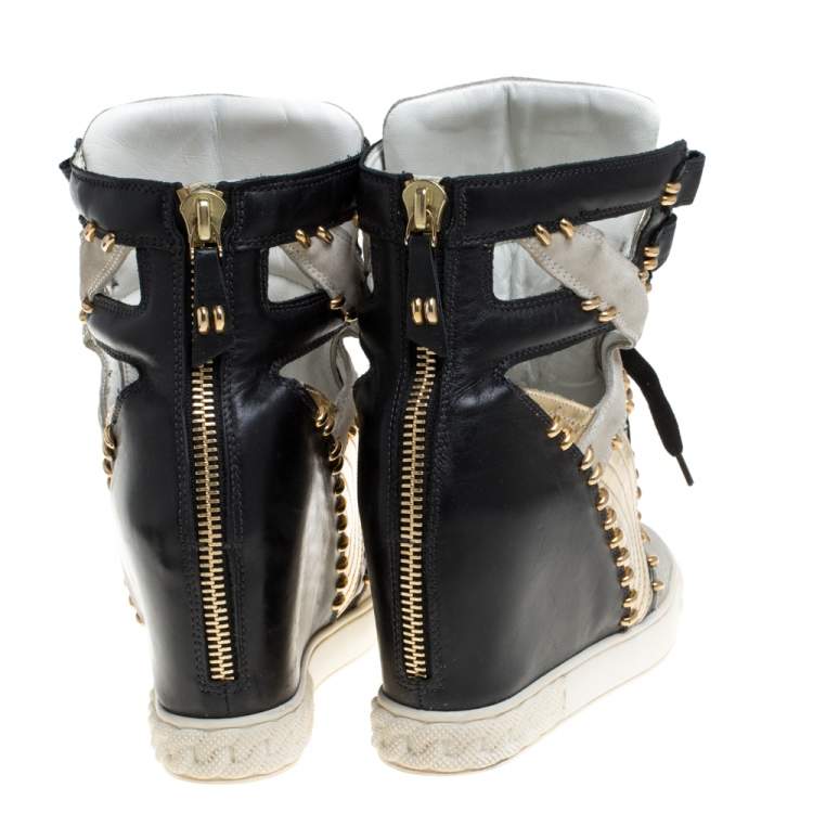 Pre Owned Casadei Tricolor Suede And Leather Studded High Top Wedge Sneakers Size 39 