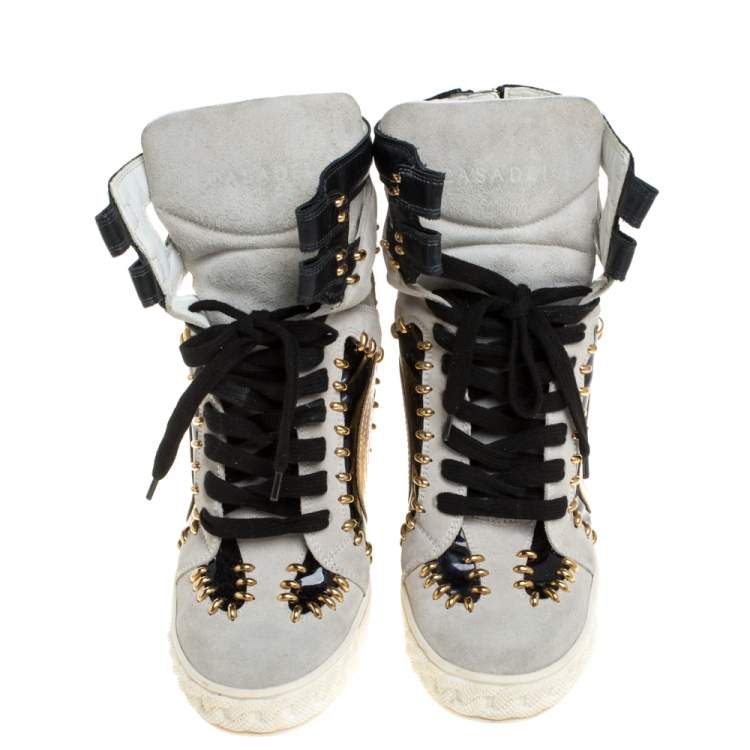 Pre Owned Casadei Tricolor Suede And Leather Studded High Top Wedge Sneakers Size 39 