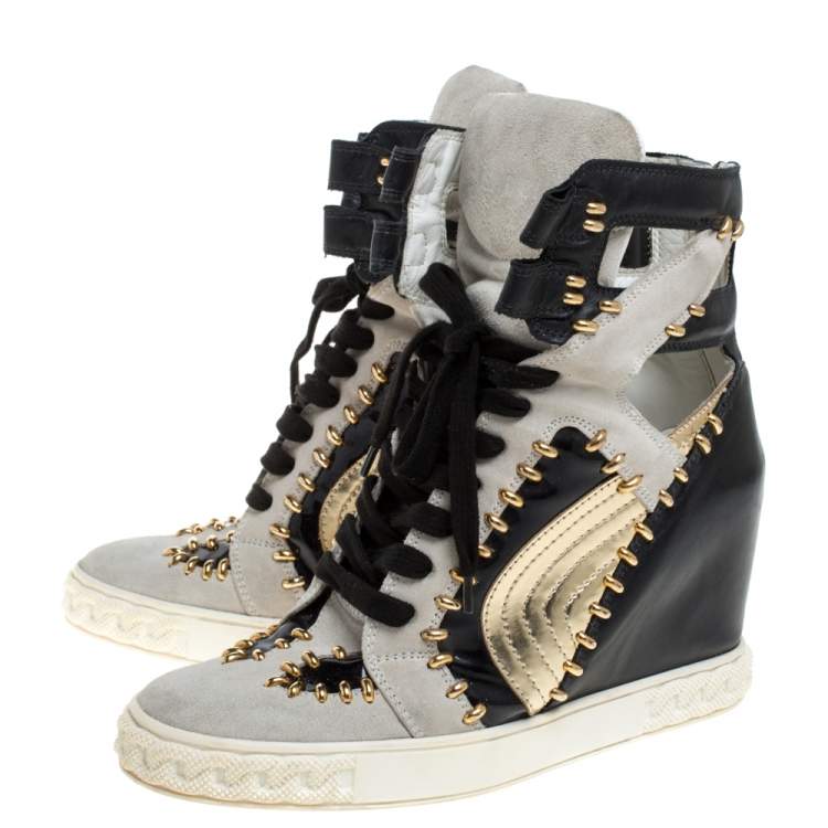 Pre Owned Casadei Tricolor Suede And Leather Studded High Top Wedge Sneakers Size 39 
