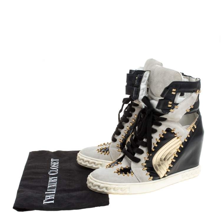 Pre Owned Casadei Tricolor Suede And Leather Studded High Top Wedge Sneakers Size 39 