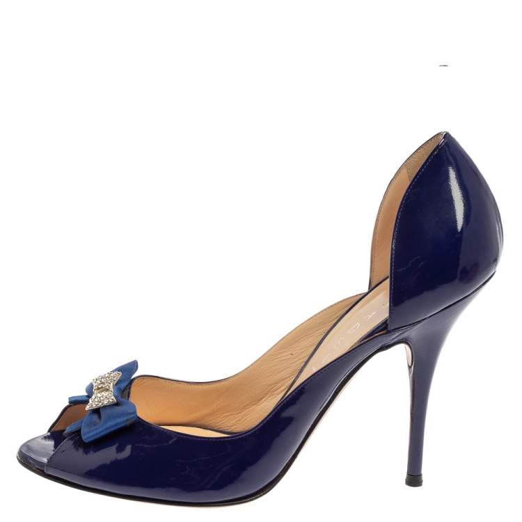 Pre Owned Casadei Blue Patent Leather Embellished Bow Open Toe Pumps Size 39