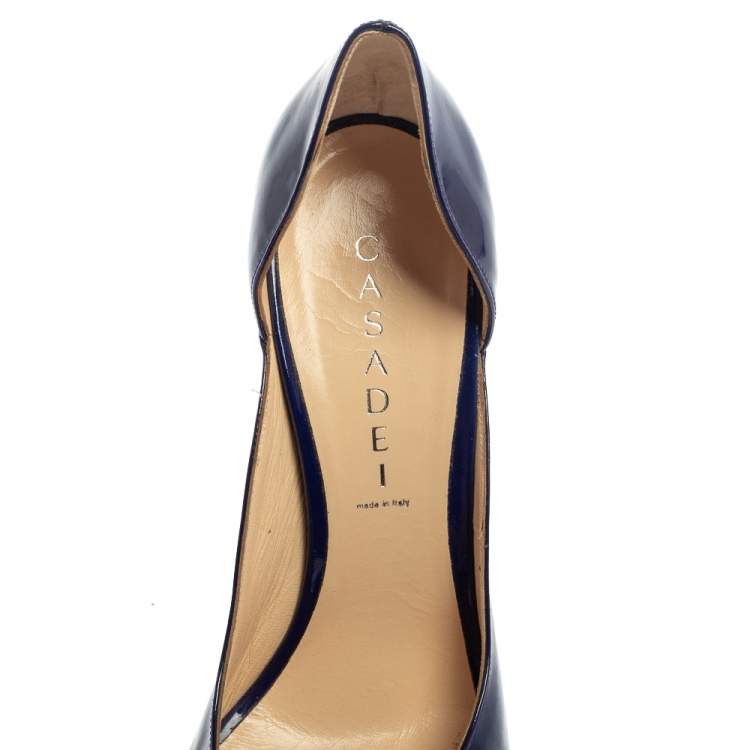 Pre Owned Casadei Blue Patent Leather Embellished Bow Open Toe Pumps Size 39