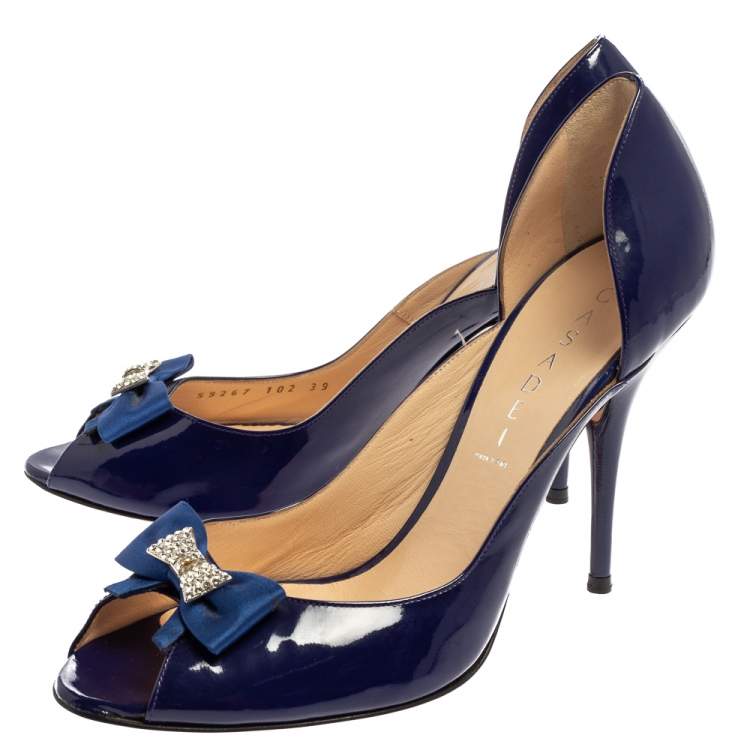 Pre Owned Casadei Blue Patent Leather Embellished Bow Open Toe Pumps Size 39