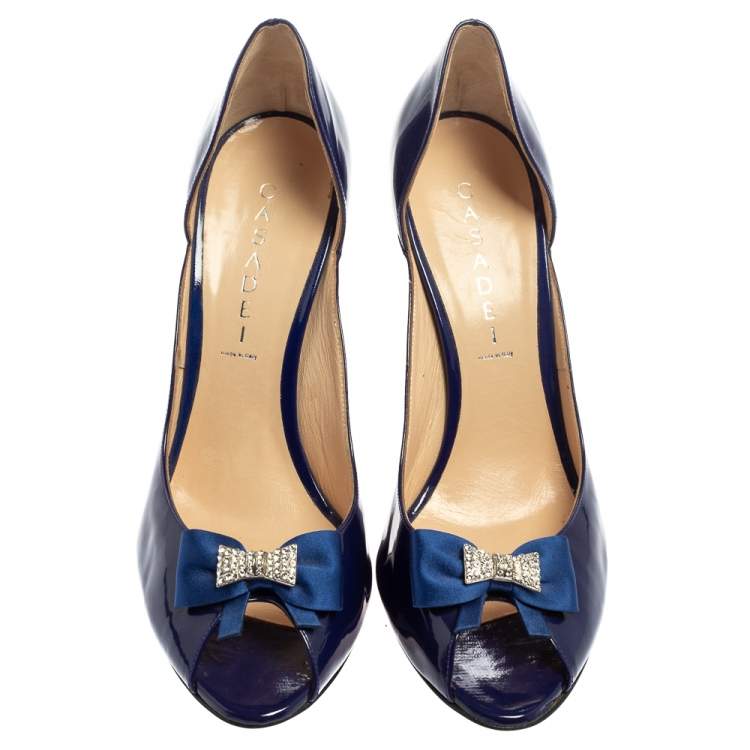 Pre Owned Casadei Blue Patent Leather Embellished Bow Open Toe Pumps Size 39