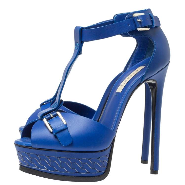 Pre Owned Casadei Blue Leather T-Strap Platform Sandals Size 37