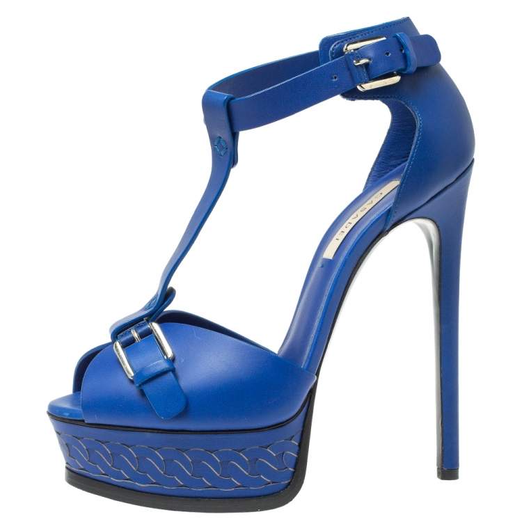 Pre Owned Casadei Blue Leather T-Strap Platform Sandals Size 37
